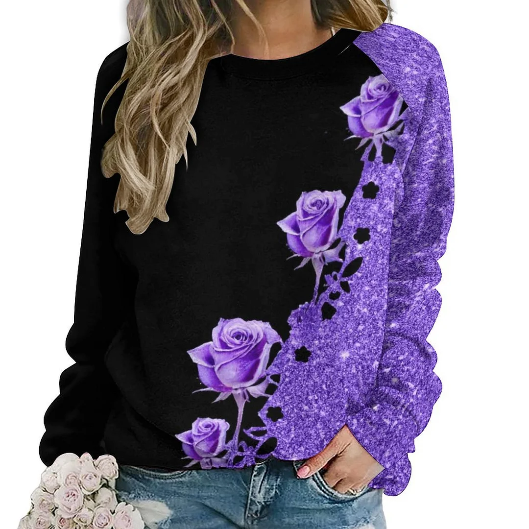 Printed Long Sleeve Casual Sweatshirt for  Women and Men Unisex Pattern Purple, Floral, Glitter