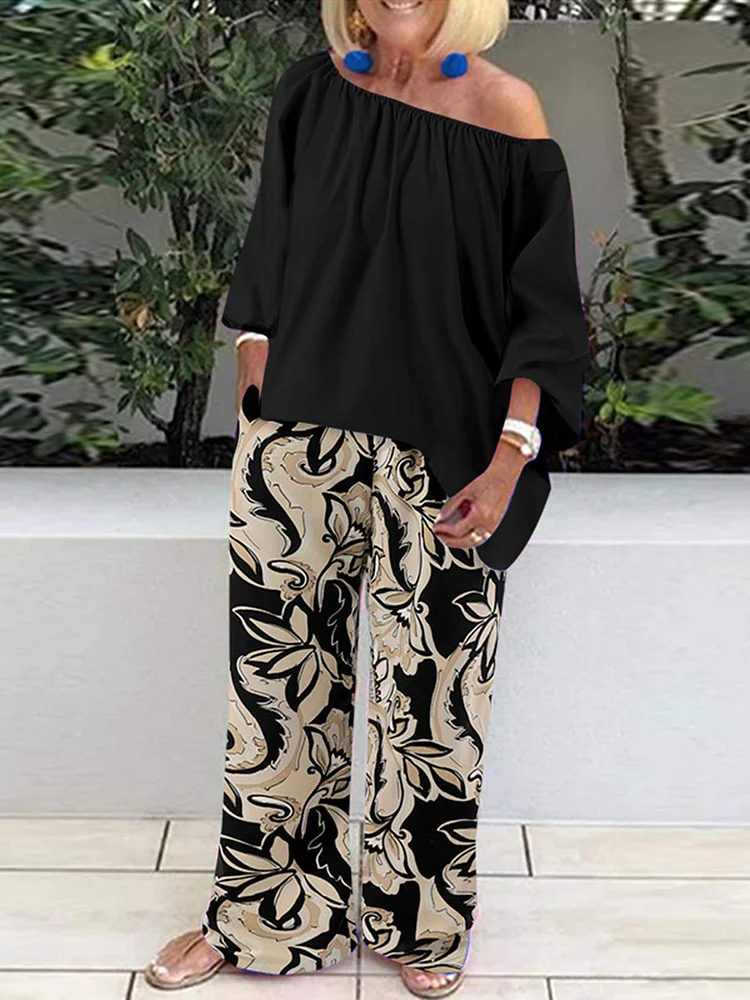 One-Shoulder Three-Quarter Sleeve Top and Wide-Leg Pants Suit