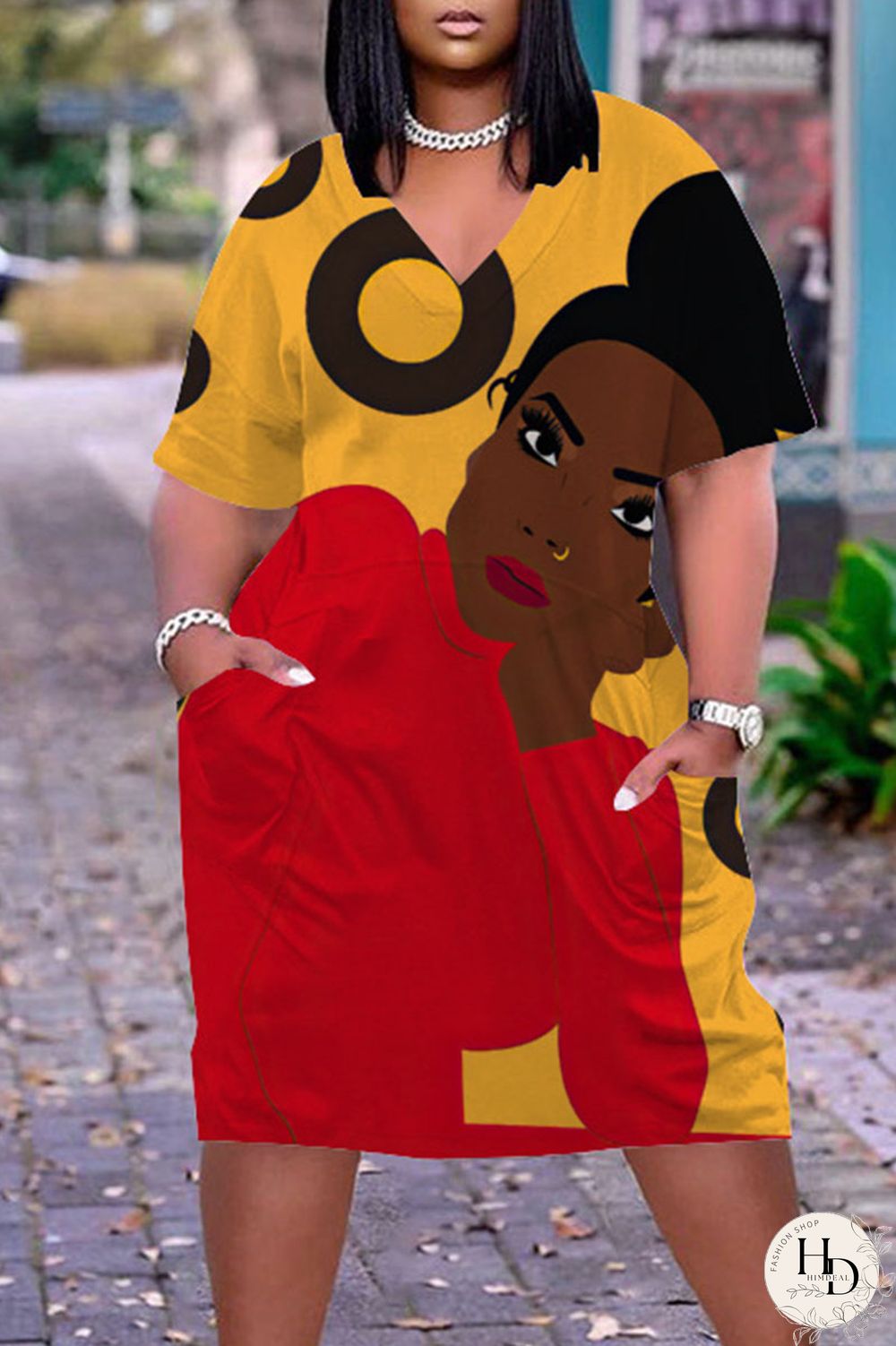 Multicolor Casual Street Print Patchwork V Neck Straight Dresses