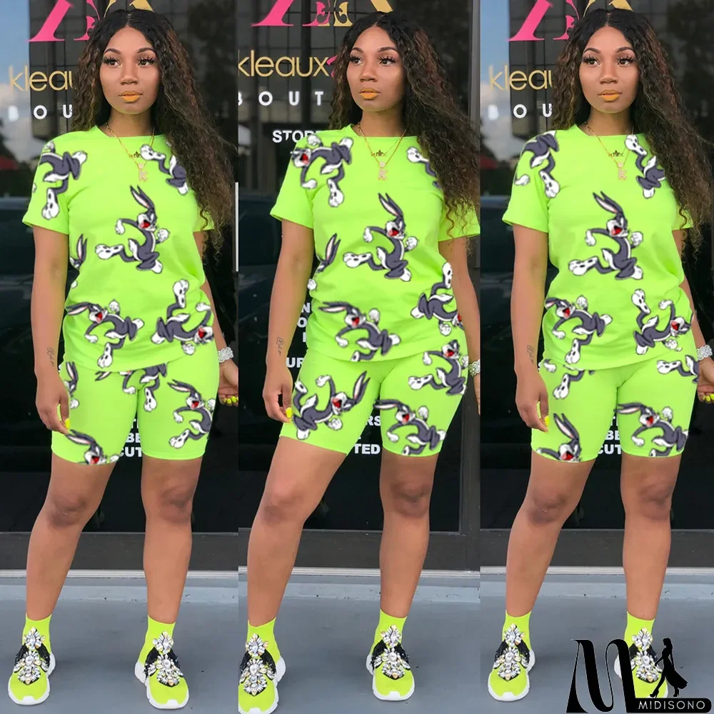 MidiSono - Cartoon Rabbit Print T Shirt Shorts Two Piece Sets