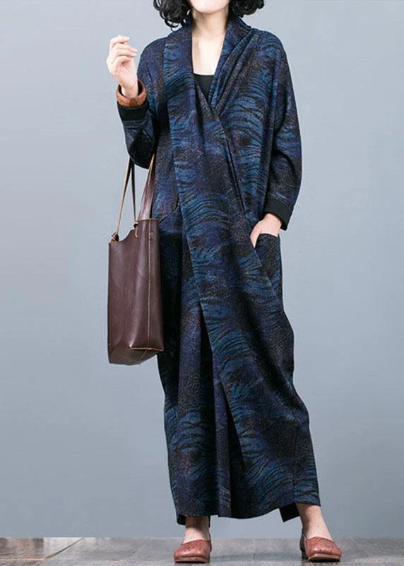 French v neck asymmetric clothes Outfits blue print A Line Dress fall