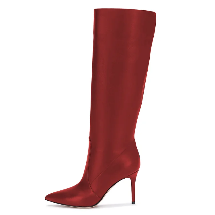 Red Pointy Toe Stiletto Heel Calf Length Fall Boots |FSJ Shoes