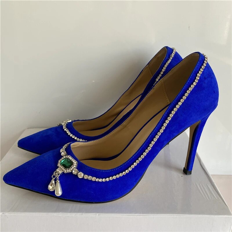 VCSHOES Suede High Heel Pumps Women Point Toe Sewing Crystal Rhinestone Beading Pearl Dress Shoes Woman