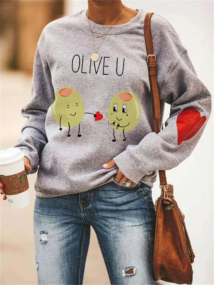 Vefave Olive You Puns Lovely Graphic Sweatshirt