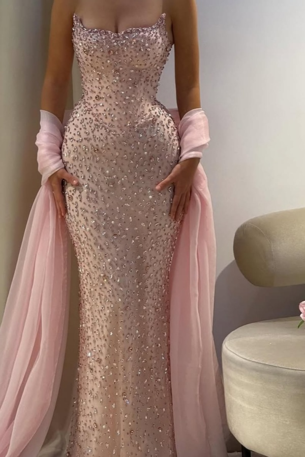 Strapless Sleeveless High-Waisted Long Mermaid Prom Dress With Rhinestones And Shawl | WQ0575 Wellcucu