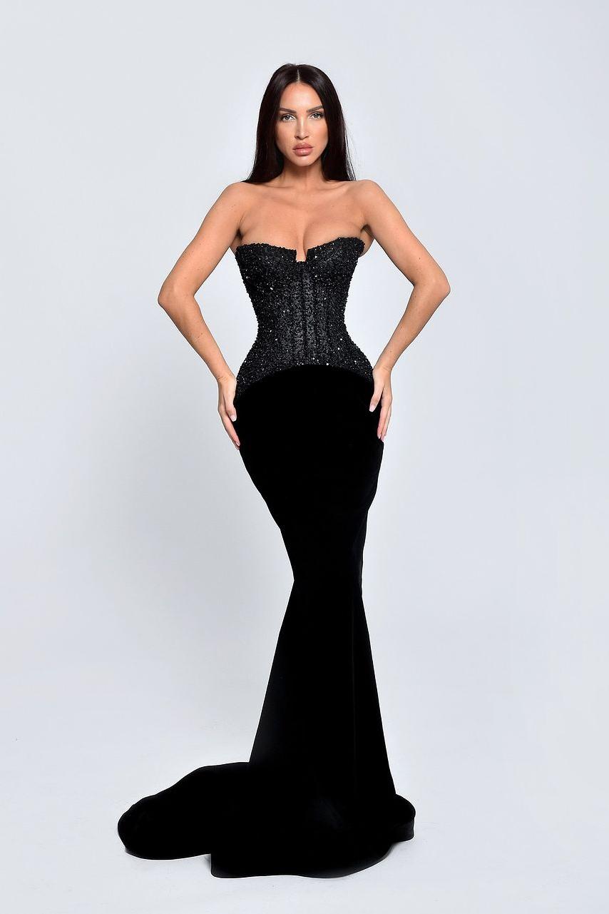 Lvs&Broner Black Strapless Sleeveless Long Mermaid Prom Dress With Sequins