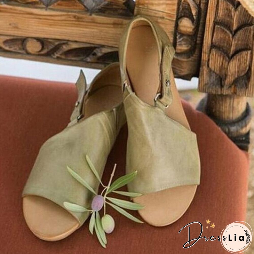 Plus Size Fashion Women's Leather Flat Sandals Buckle Strap Slippers Fish Mouth Shoes