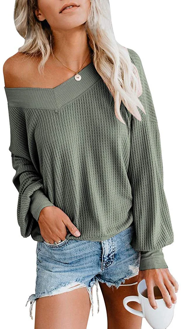 Women's Waffle Knit Batwing Sleeve Off Shoulder Sweatshirt Casual Pullover Sweater Loose Tops
