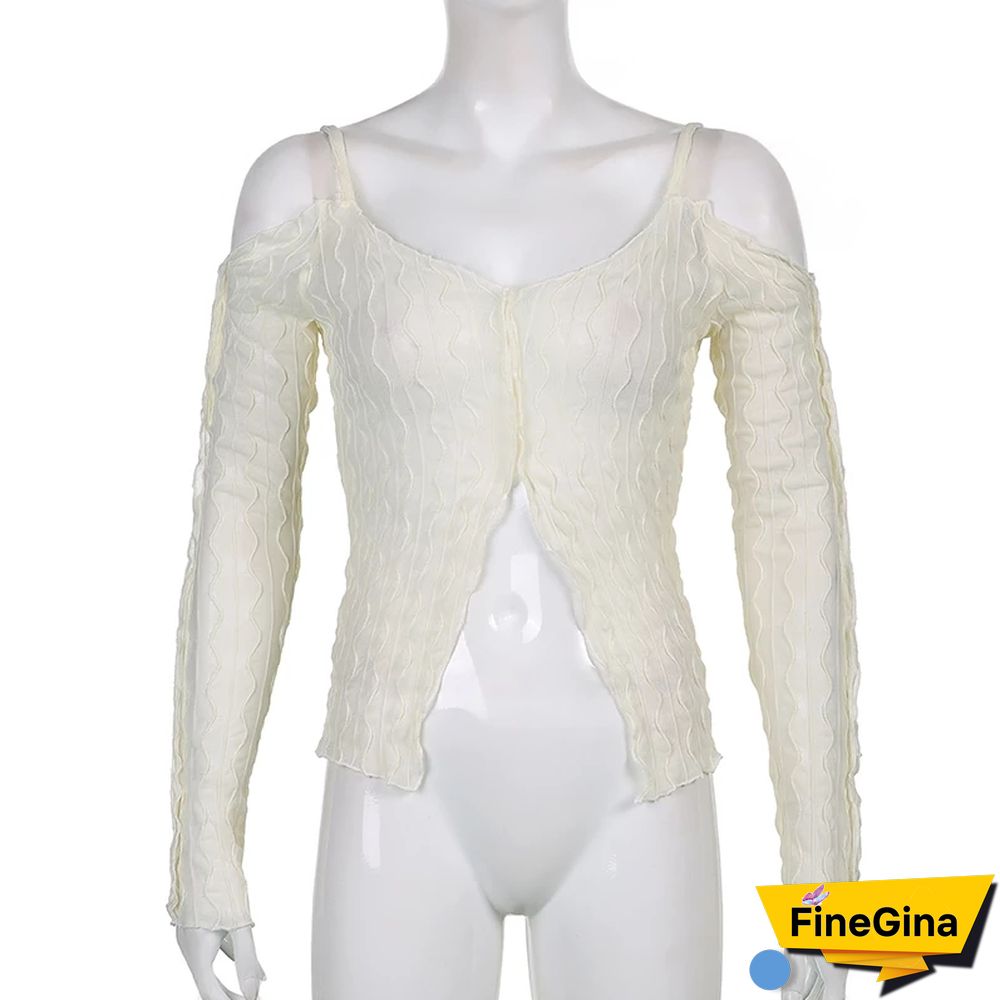 Y2K Fairycore Aesthetics Open Shoulder Zipper Slit Tops E-girl Fashion Sexy Wave Ruffles Long Sleeve T-shirt Transparent