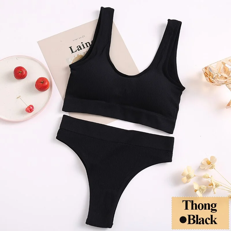 FINETOO 2PCS Women Bra Set Female Padded Tank Tops Pantys Vest U-Shaped Back Underwear Seamless Lingerie Femme Bralette Crop Top