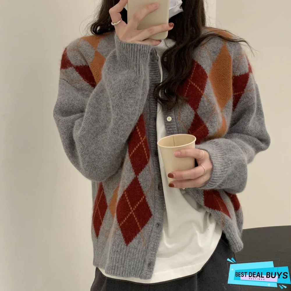 Diamond Round Neck Lazy Wind Knitted Cardigan Sweater