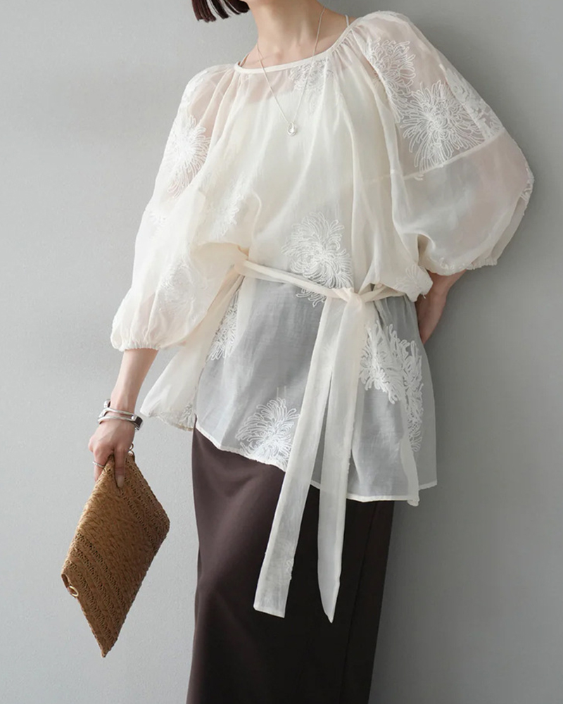 Embroidery Sheer Loose Puffed Sleeve Top