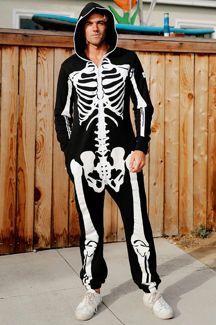 Skeleton Print Hooded Halloween Costume Jumpsuit