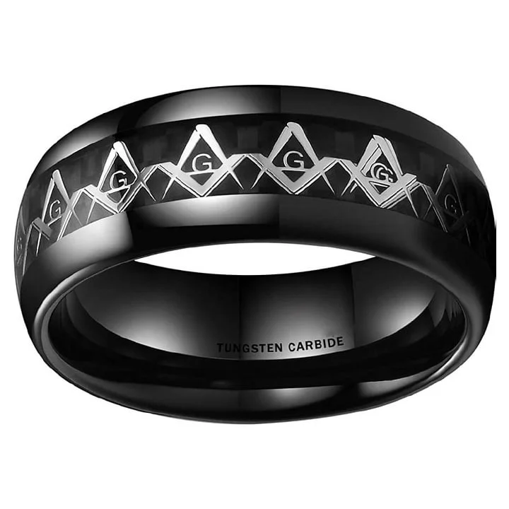 8MM Women's Or Men's Classic Black Tungsten Carbide Rings Masonic Compass Black Carbon Fiber Inlay Comfort