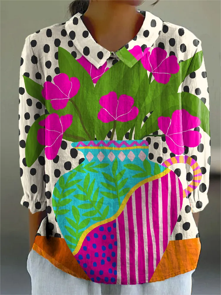 Women's Abstract Polka Dots Cute Flower Art Print Casual Cotton And Linen 3/4 Sleeve Shirt