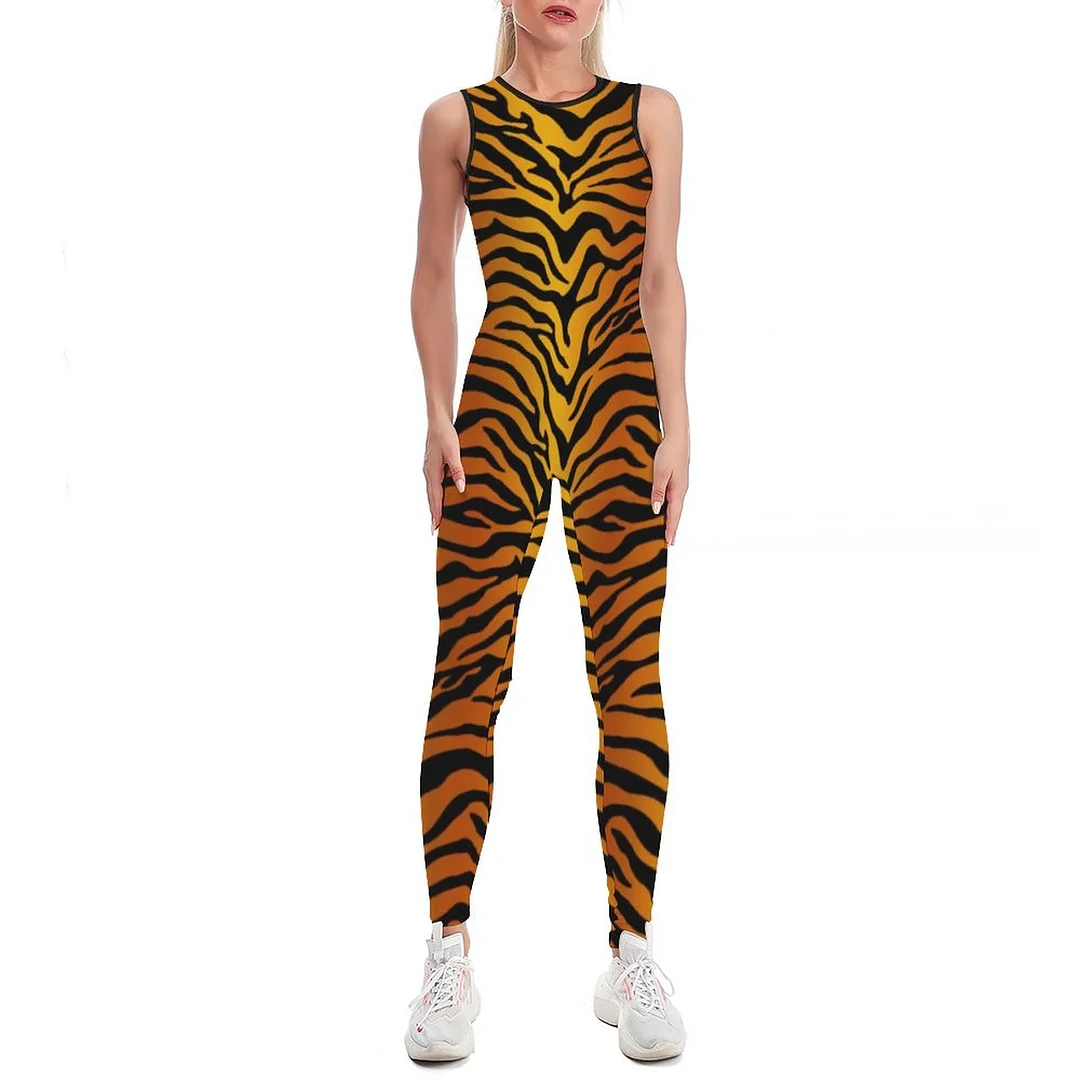 Tiger Stripe Print Bodycon Tank One Piece Jumpsuits Long Pant Retro Yoga Printing Rompers Playsuit for Women