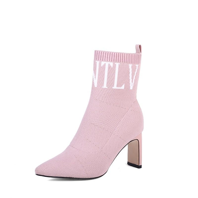 Ladies Sock Booties Pointed Toe Letters Print Knitted Boots