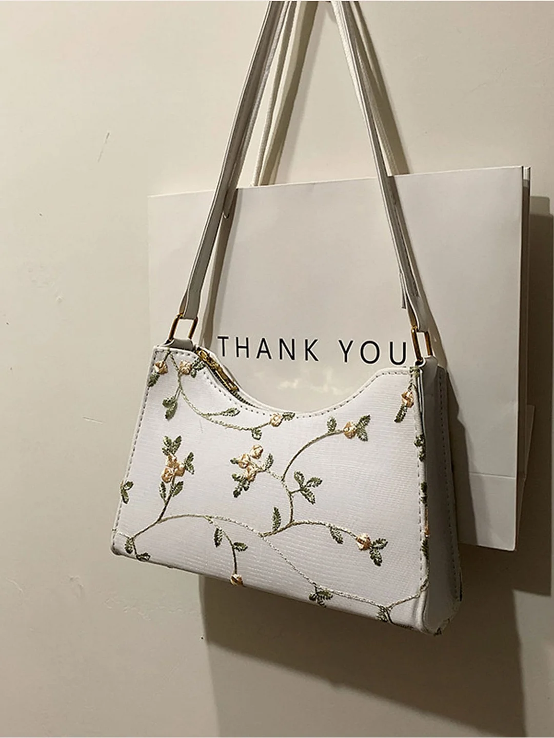 Floral Embroidery Baguette Bag