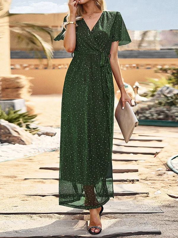 Roomy Short Sleeves Sequined Split-Joint V-Neck Maxi Dresses