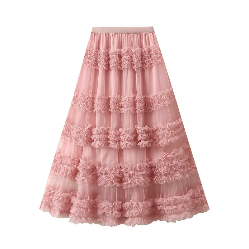 Nigikala Nigikala Heavy Industry Lace Cake Skirt Long Skirt Sweet Wind High Waist Wood Ear Net Yarn Skirt 1276