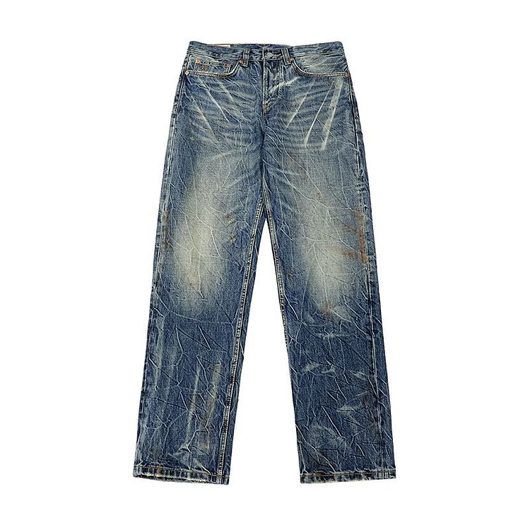 High end tassel washed retro distressed design men's jeans trendy street casual straight leg version heavy pants