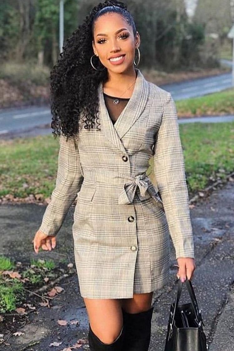 Beige Checkered Mini Blazer Dress Katch Me