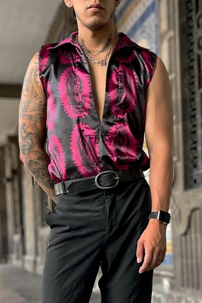 Vintage Graphic Print Loose Fit Casual Purple And Black Satin Tank Shirt