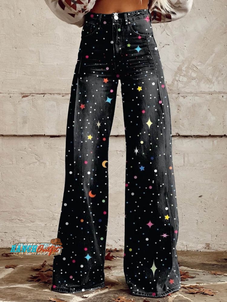 Women’s Black Color Stars And Moon Print Casual Wide Leg Pants Multicolor / S