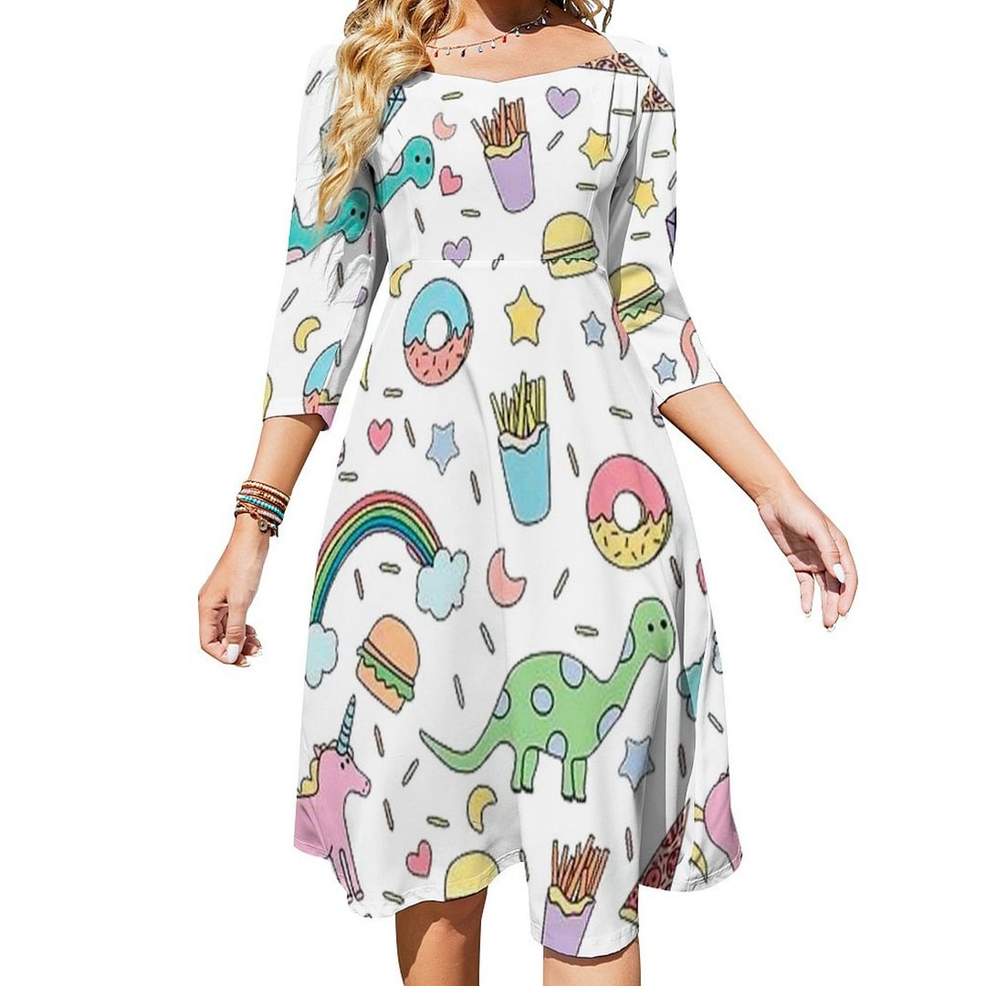 Pretty Please With Sprinkles On Top Dress Sweetheart Tie Back Flared 3/4 Sleeve Midi Dresses