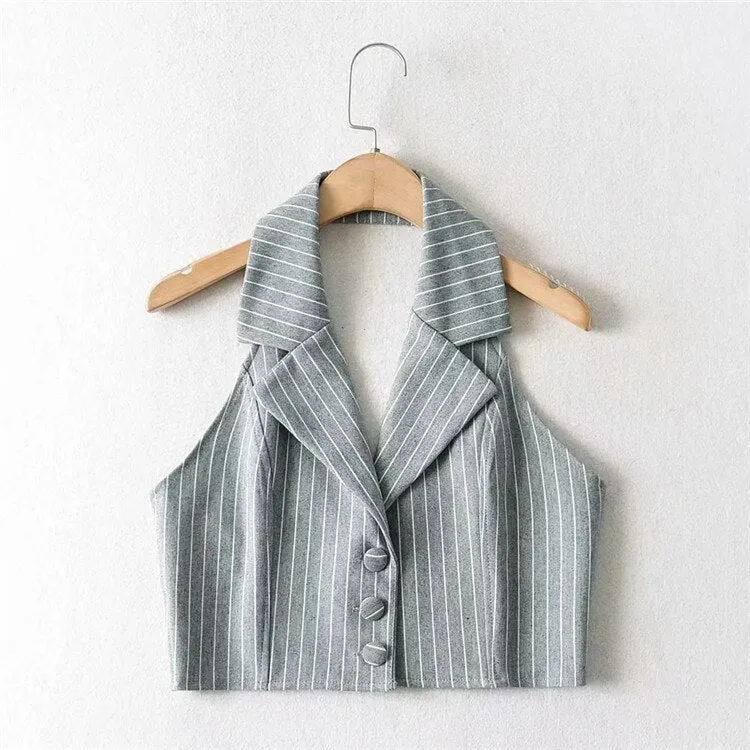 Women's Vest Blazers Striped Crop Tops and Blouses Single Breasted Sleeveless Femme Tanks Vintage Slim V neck Fashion Spring trf