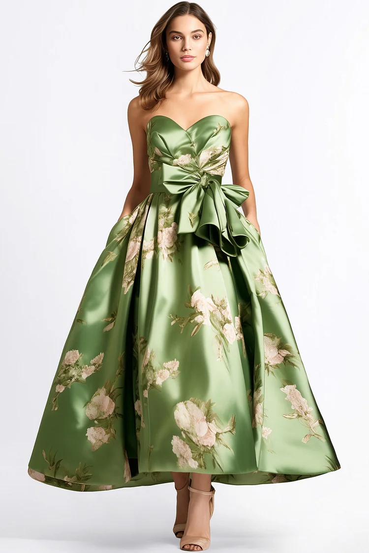 Zaruci Wedding Guest Green Satin Floral Print Strapless Maxi Dress [Pre-Order]