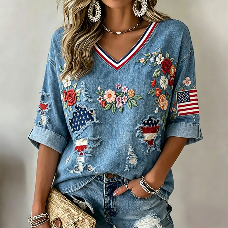  Women's Vintage Independence Day Flag Flower Art Print V-neck T-shirt Westsshops