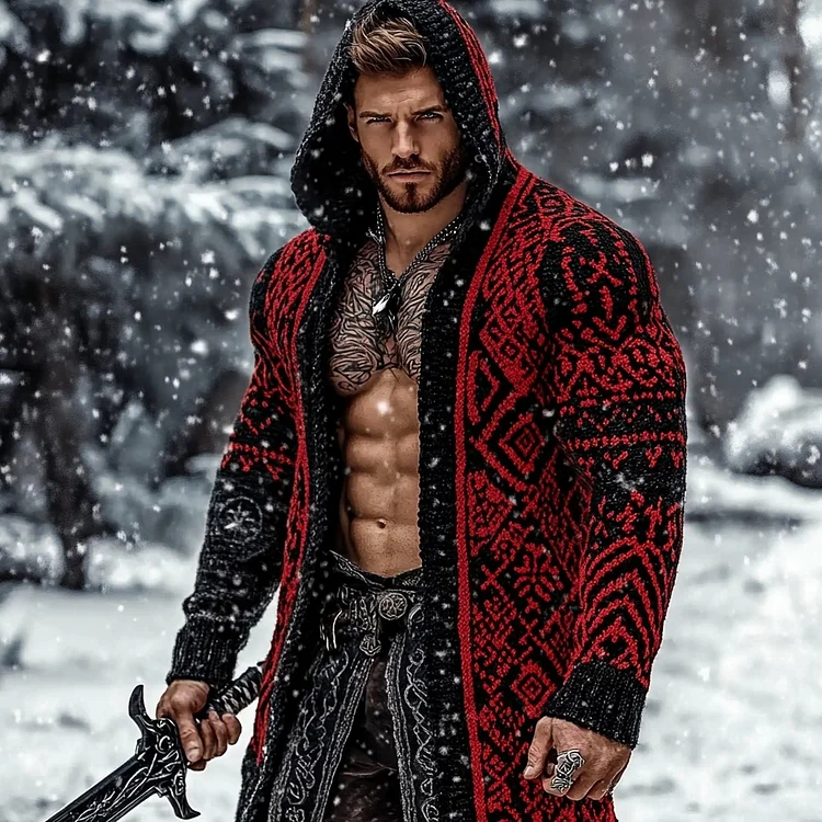 Viking Pattern Cozy Knit Hooded Cardigan