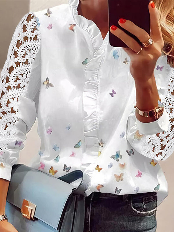 Women Long Sleeve V-neck Graphic Floral Printed Top