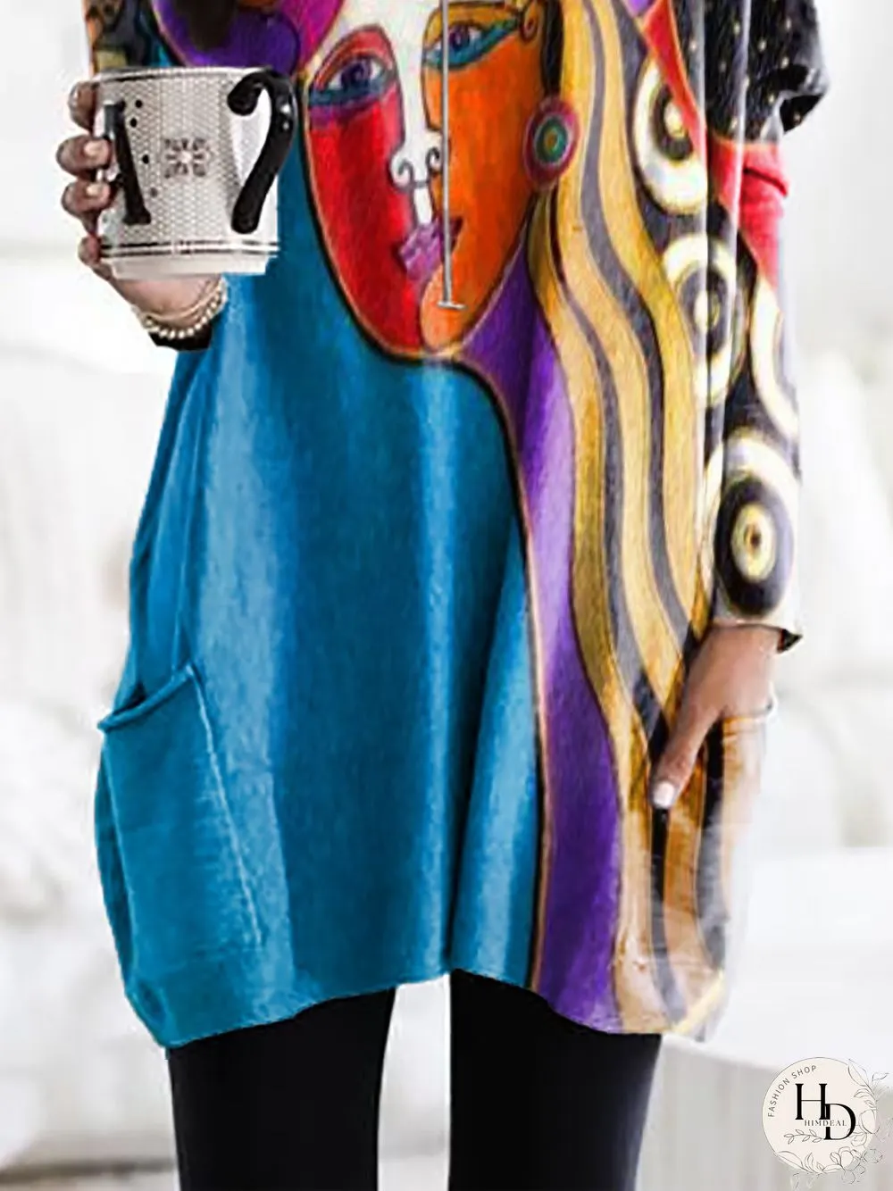 Long Sleeve Abstract Cotton-Blend Knitting Dress