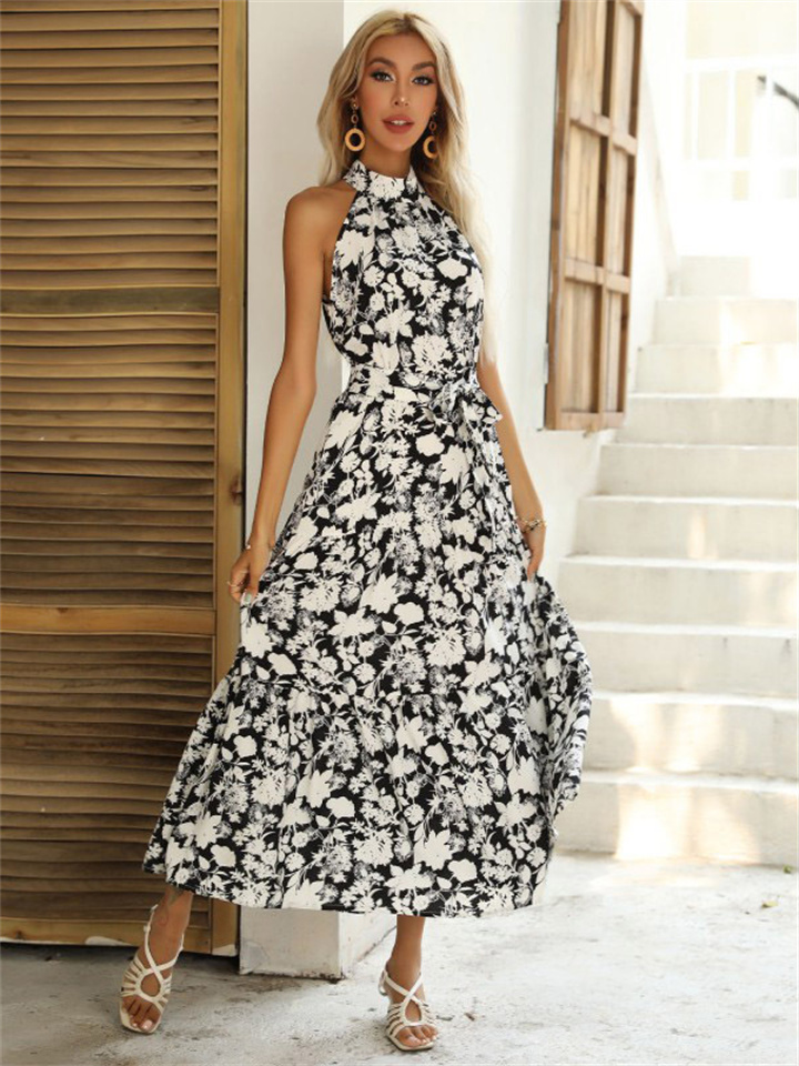 Summer Europe and The United States and The United States Hanging Neck Sleeveless Split Print Tie Sexy Dresses