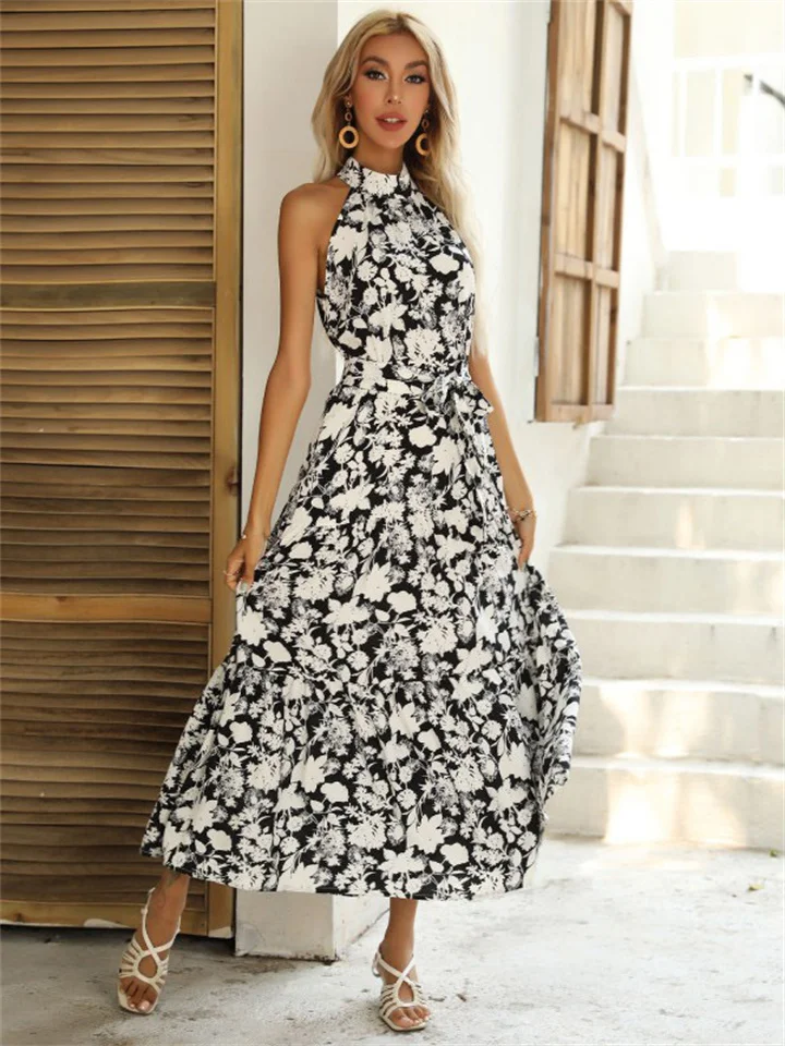 Summer Europe and The United States and The United States Hanging Neck Sleeveless Split Print Tie Sexy Dresses-Cosfine