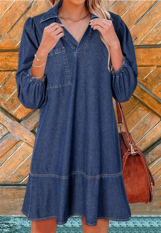 Women&rsquo;s Long Sleeve V Neck Plus Size Denim Dress