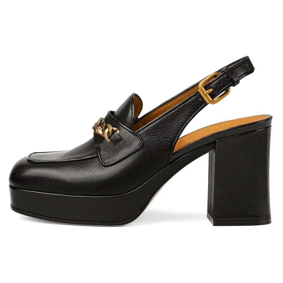 Black Square Toe Chain Decor Slingback Platform Loafers Women