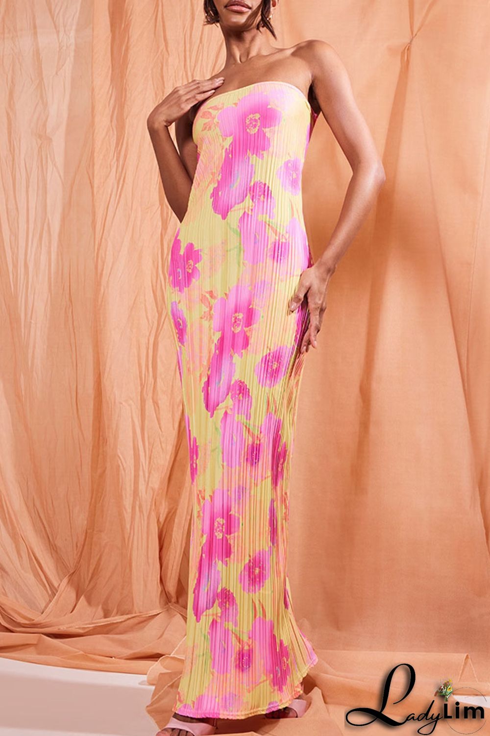 Tangerine Sexy Print Patchwork Fold Strapless Pencil Skirt Dresses