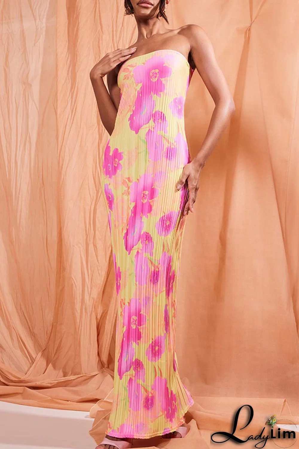 Tangerine Sexy Print Patchwork Fold Strapless Pencil Skirt Dresses