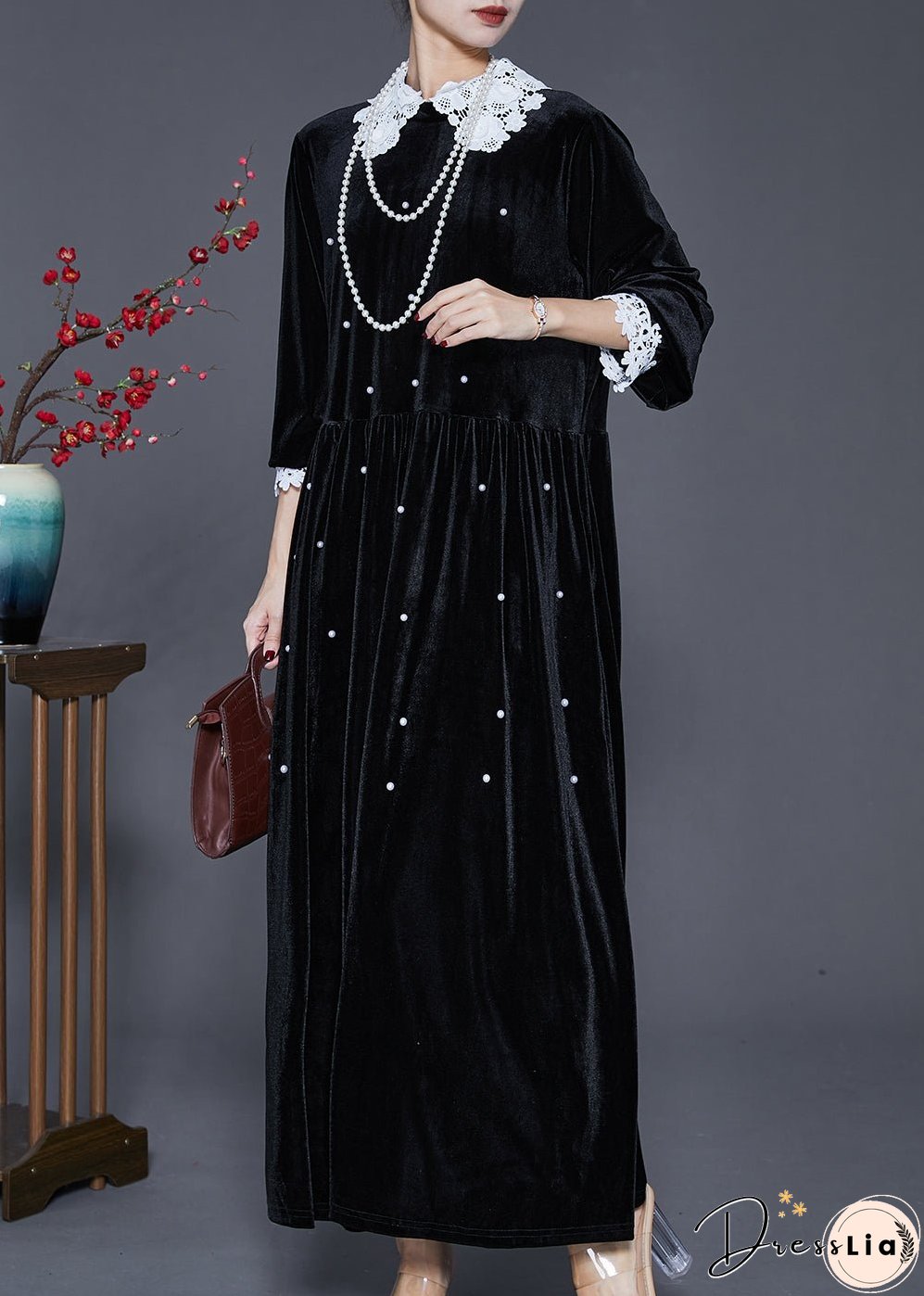 Loose Black Lace Patchwork Nail Bead Silk Velvet Long Dresses Spring