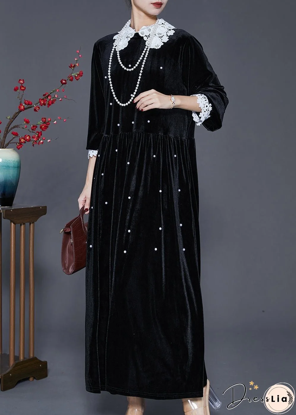 Loose Black Lace Patchwork Nail Bead Silk Velvet Long Dresses Spring