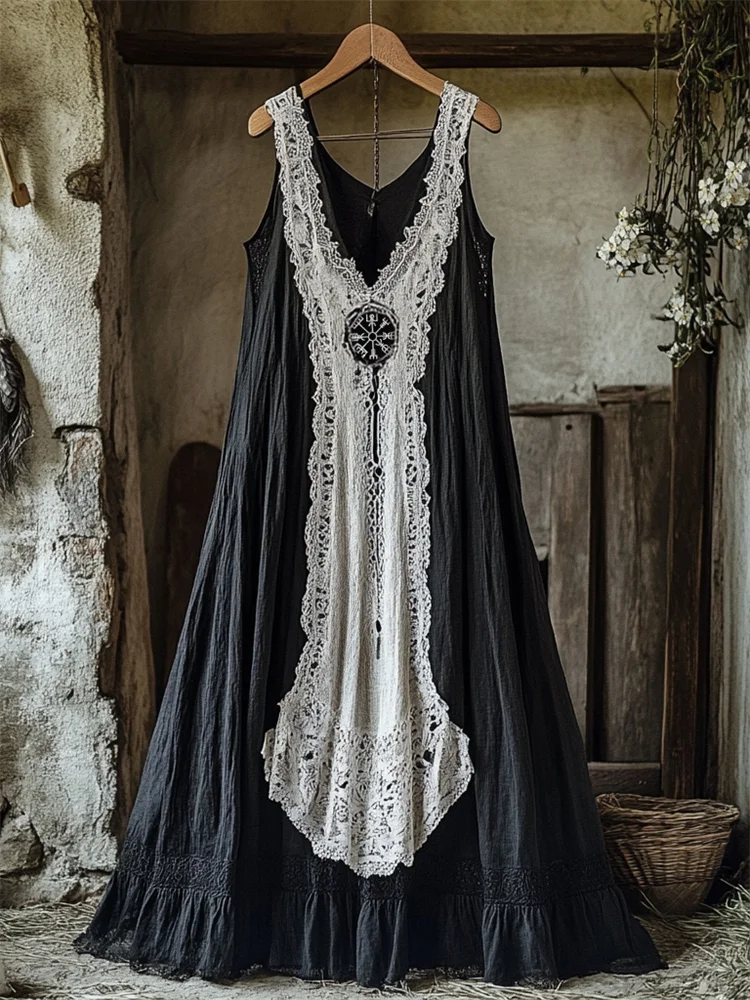 Utbros Viking Vegvisir Embroidered Lace Contrast Linen Tank Dress