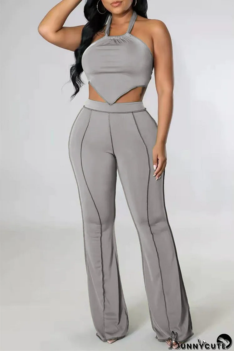 Grey Sexy Casual Solid Bandage Backless Halter Sleeveless Two Pieces