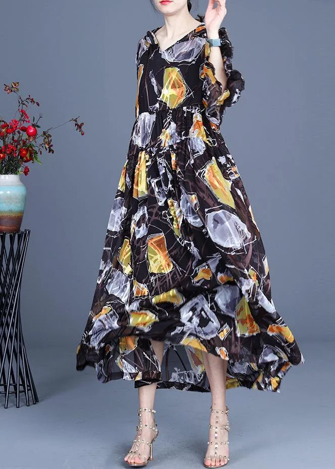 Boho Yellow Print hooded Cinched Mid Dress Summer Silk