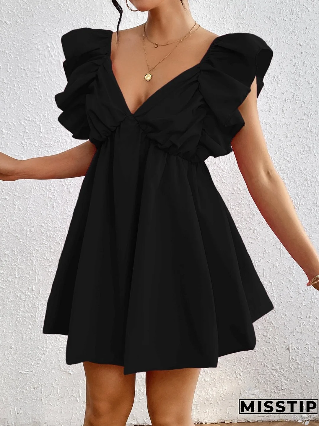 Ruffled V-Neck Cap Sleeve Mini Dress