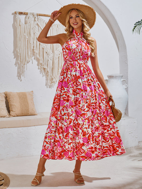 Llyge New casual resort style printed halter neck dress llyge