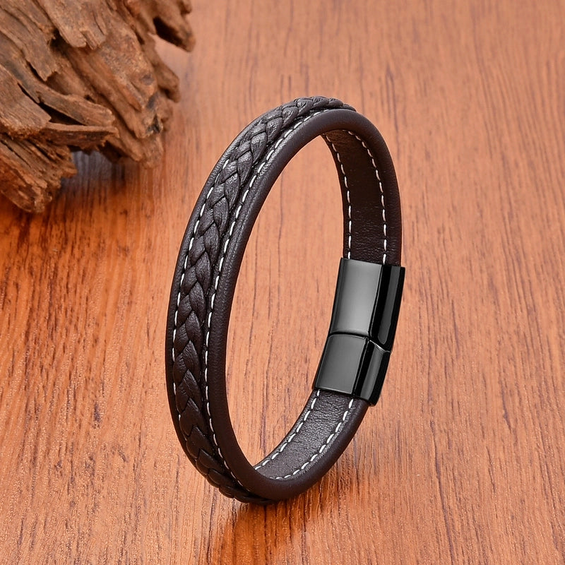 Minimalist Classic Style Commute Solid Color 316L Stainless Steel Leather Rope Unisex Bracelets