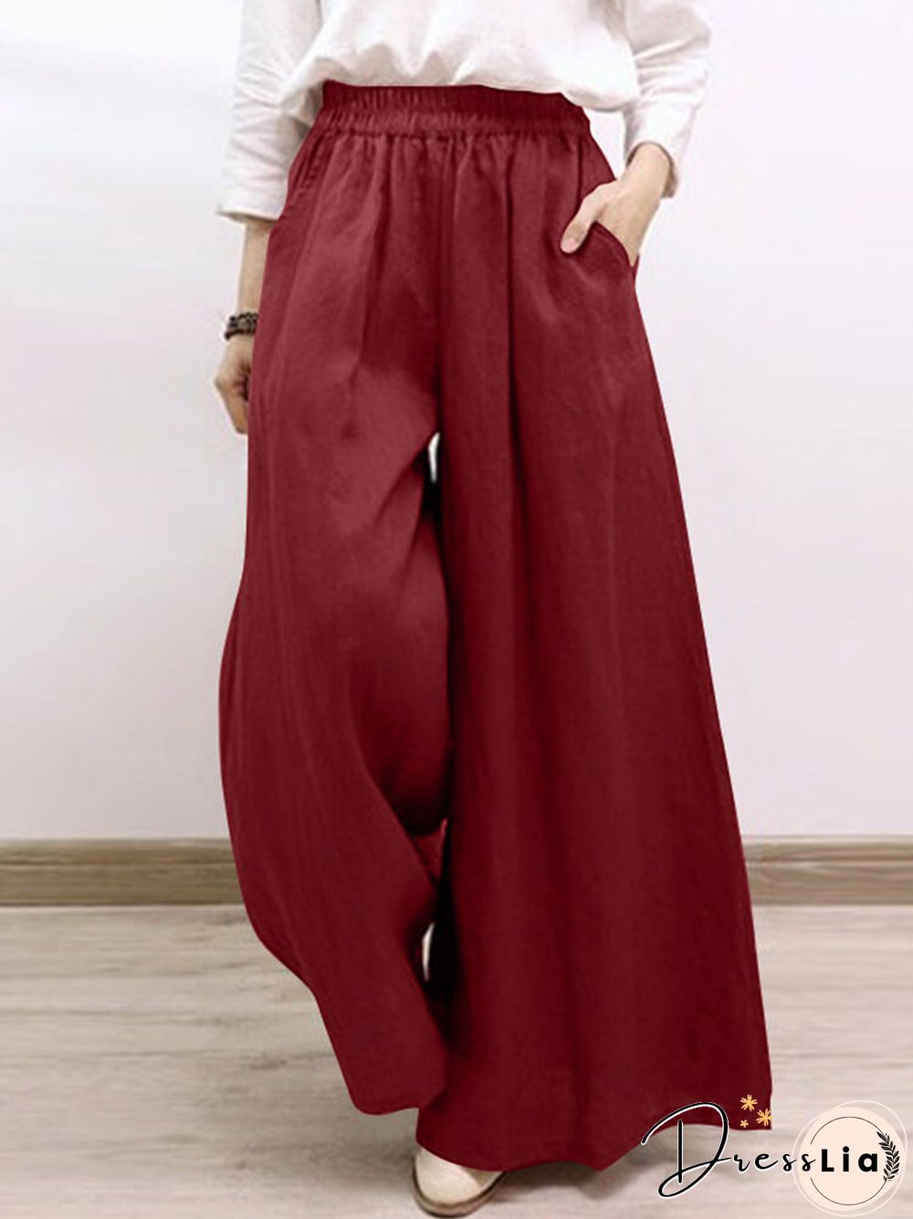 Solid Pocket Elastic Waist Wide Leg Casual Pants